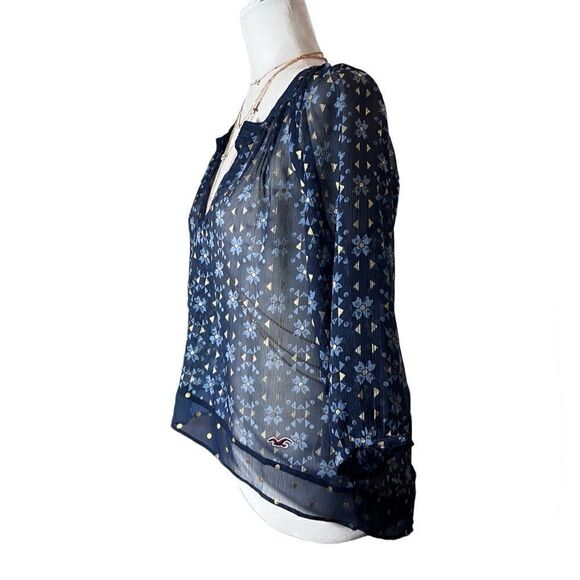 Hollister Boho Peasant Blouse Chiffon 3/4 Sleeve blue Size Small - Picture 11 of 16